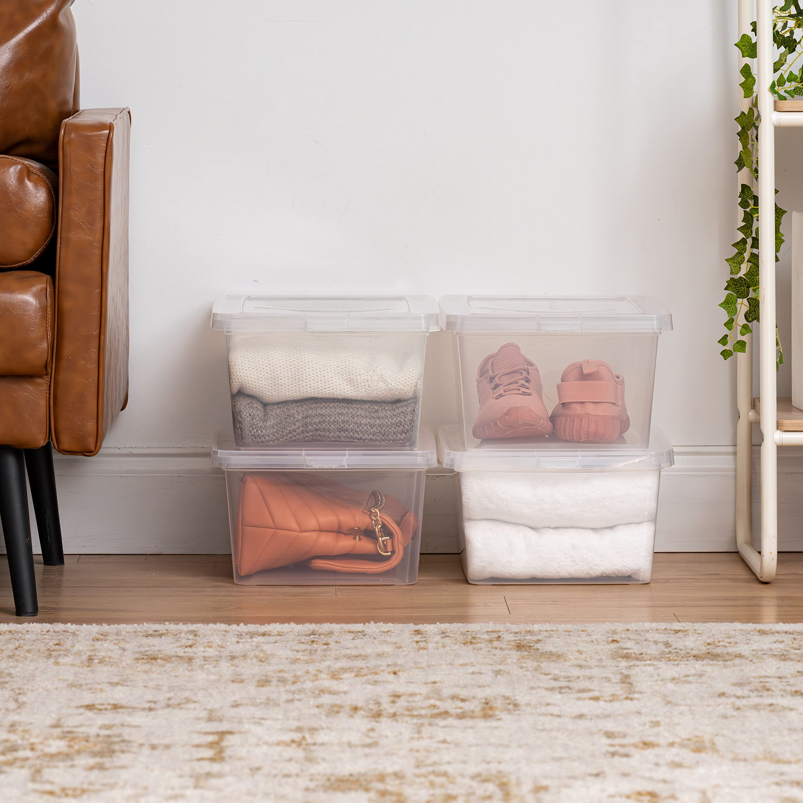 IRIS USA 12-pack clear bins with snap-on lids provide secure stackability and durable storage.