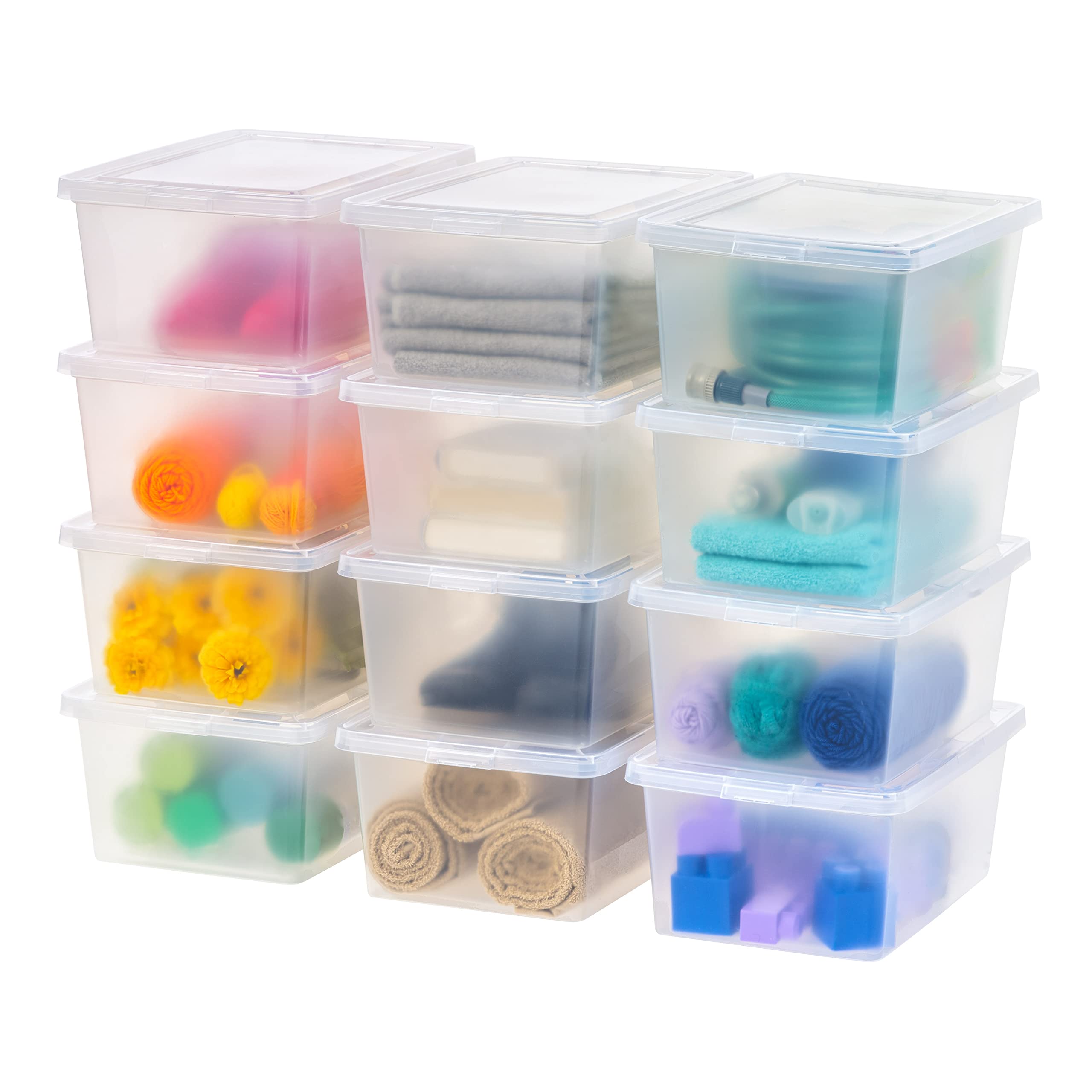 IRIS USA 12-pack storage bins with lids offer clear visibility for quick item retrieval.