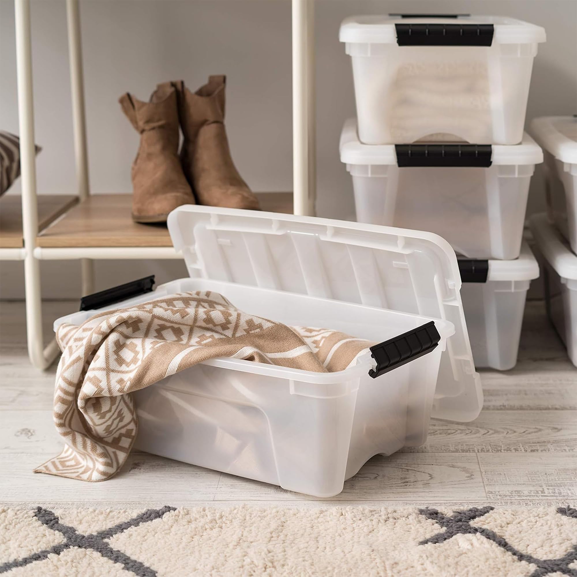 Stackable IRIS USA 13 Qt box maximizes closet space