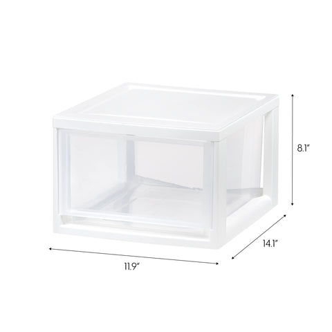 IRIS USA stackable drawer unit keeps items neatly grouped on shelves