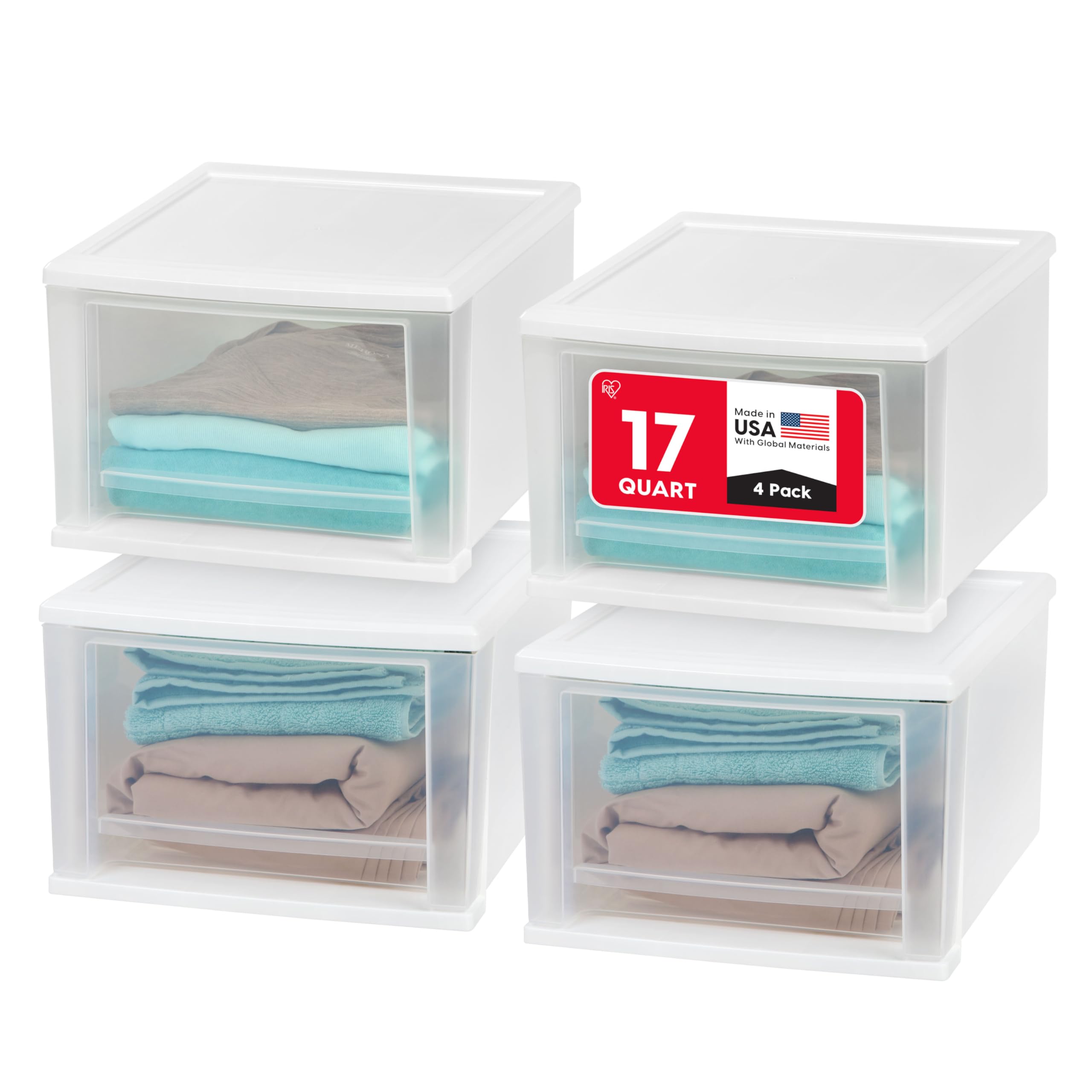 IRIS USA 17 Qt stacking drawer front view, ideal for organized closet storage.