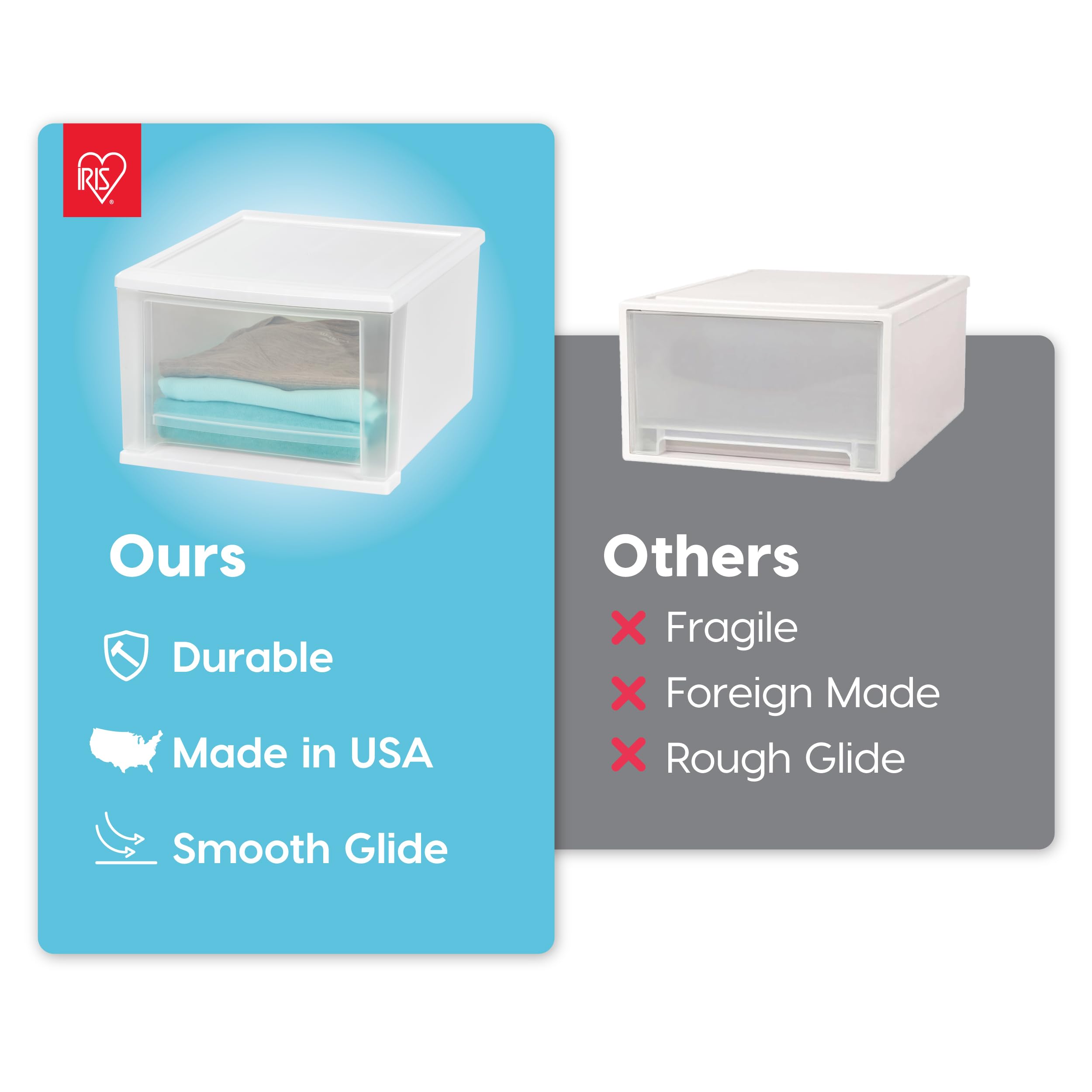 IRIS USA 17 Qt stacking drawer assembled stack illustrates customizable storage units.