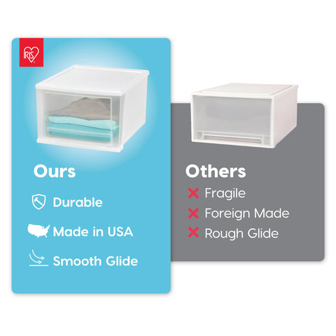 IRIS USA 17 Qt stacking drawer assembled stack illustrates customizable storage units.