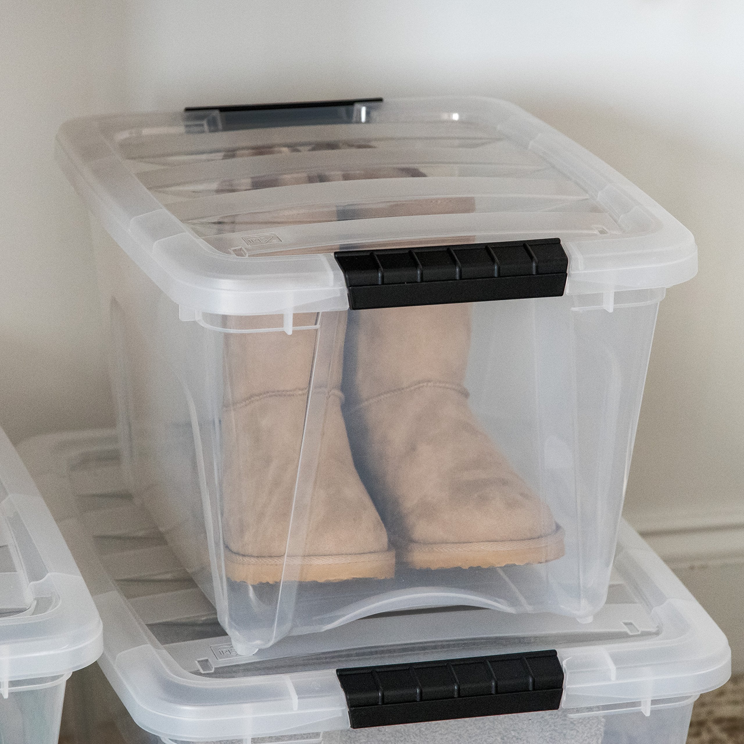 IRIS USA 19 Qt bin on a shelf for pantry organization and quick finds.