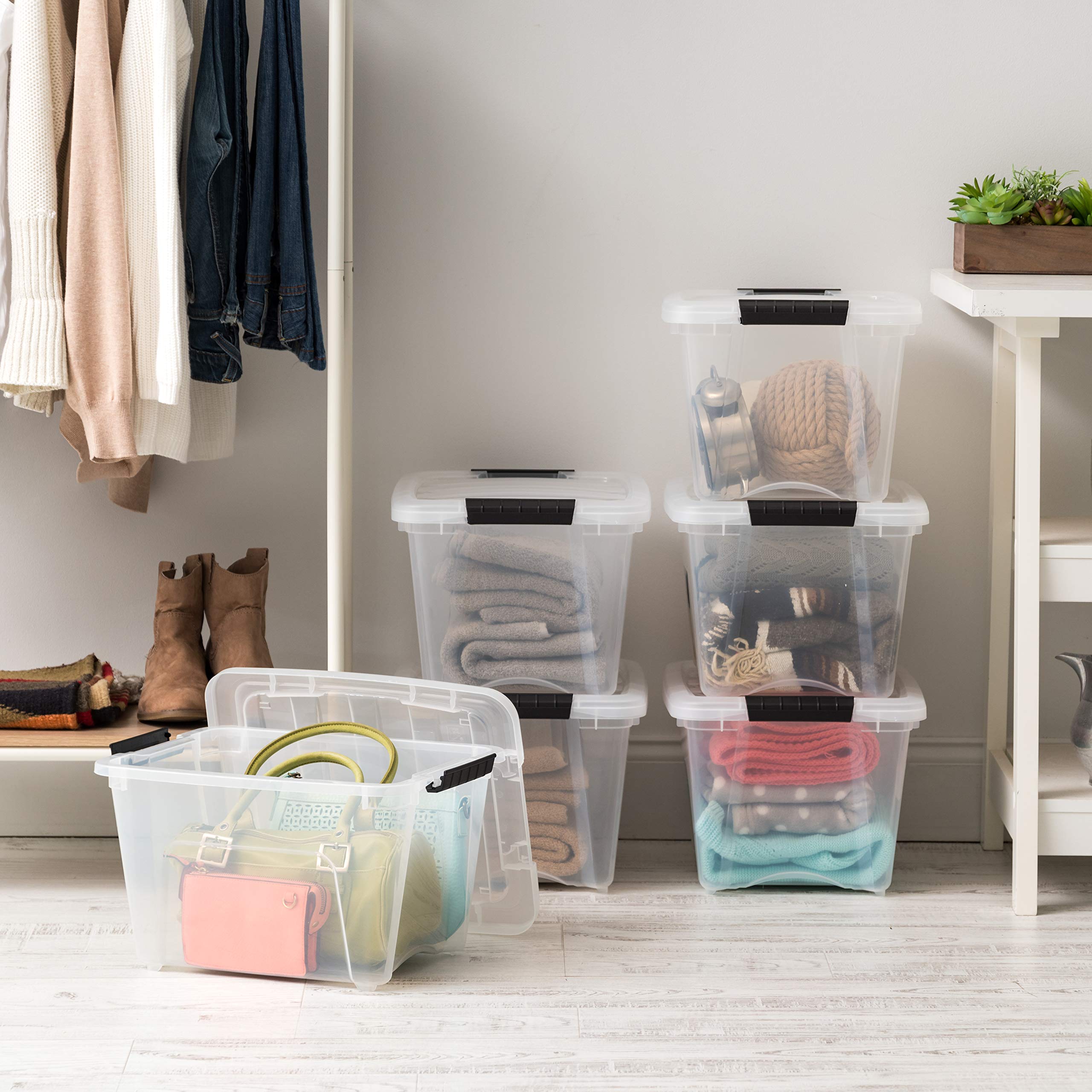 IRIS USA 19 Qt bin pull handle enables easy retrieval from high shelves.