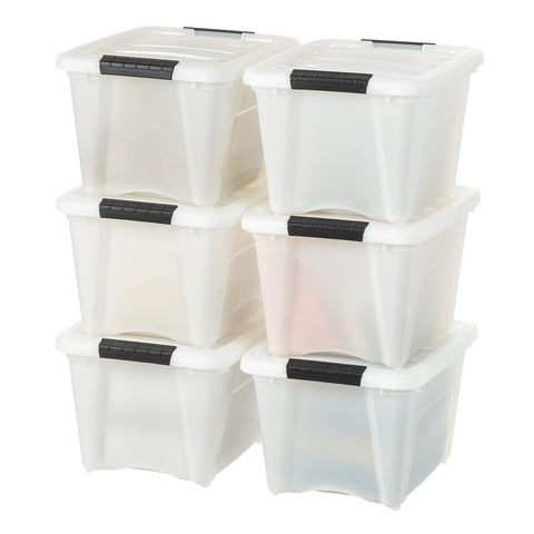 IRIS USA 19 Qt stackable bin with pearl lid for closet organization.