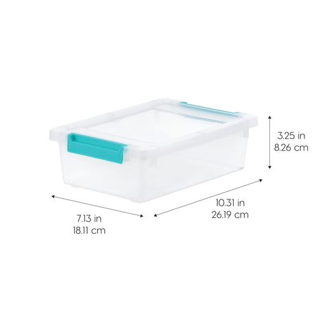 Clear 2 Quart IRIS USA bins, stackable on a shelf for quick visibility.