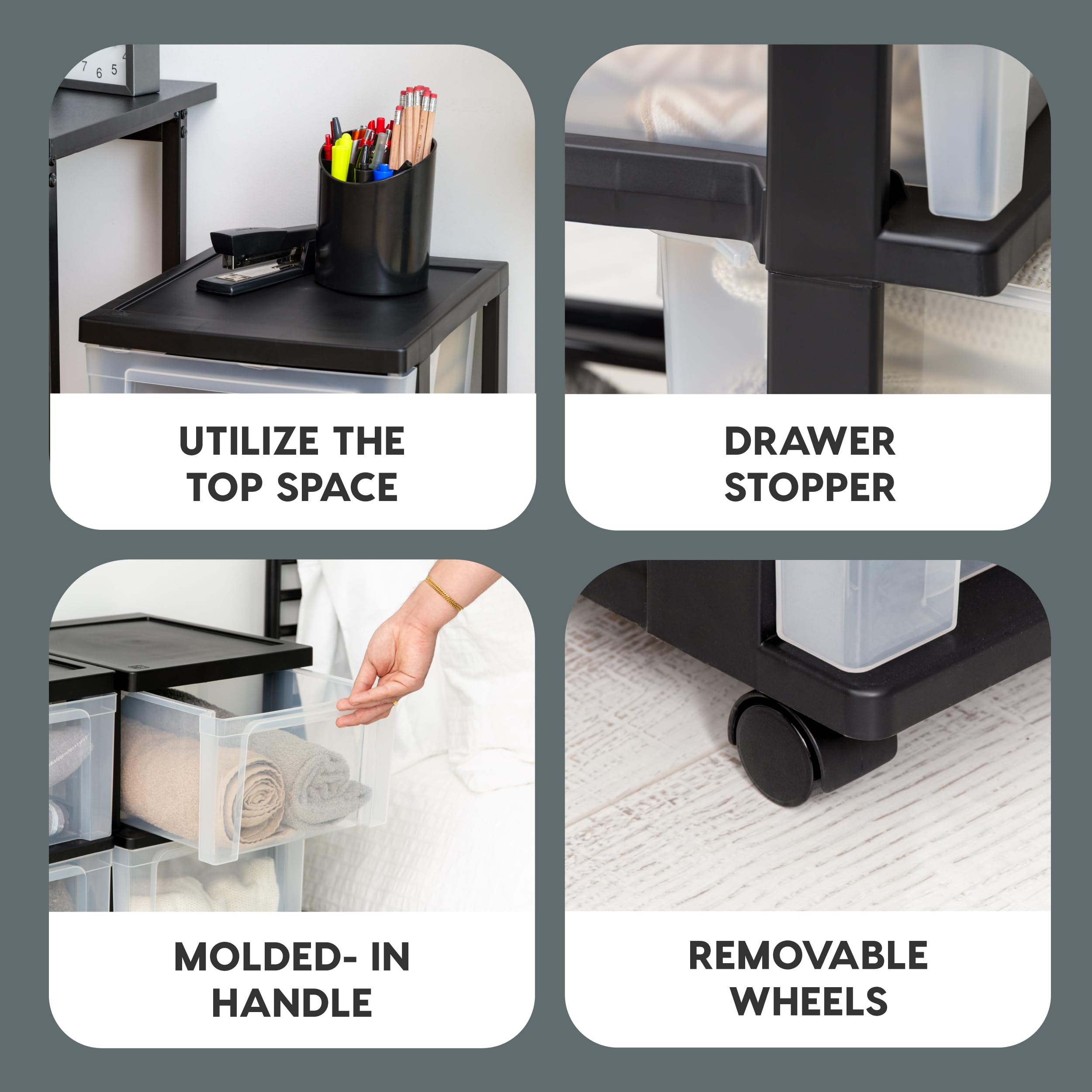 IRIS USA 3-drawer cart with wheels for easy relocation.