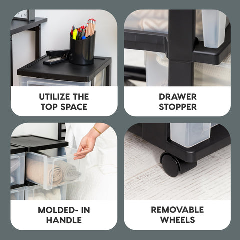 IRIS USA 3-drawer cart with wheels for easy relocation.