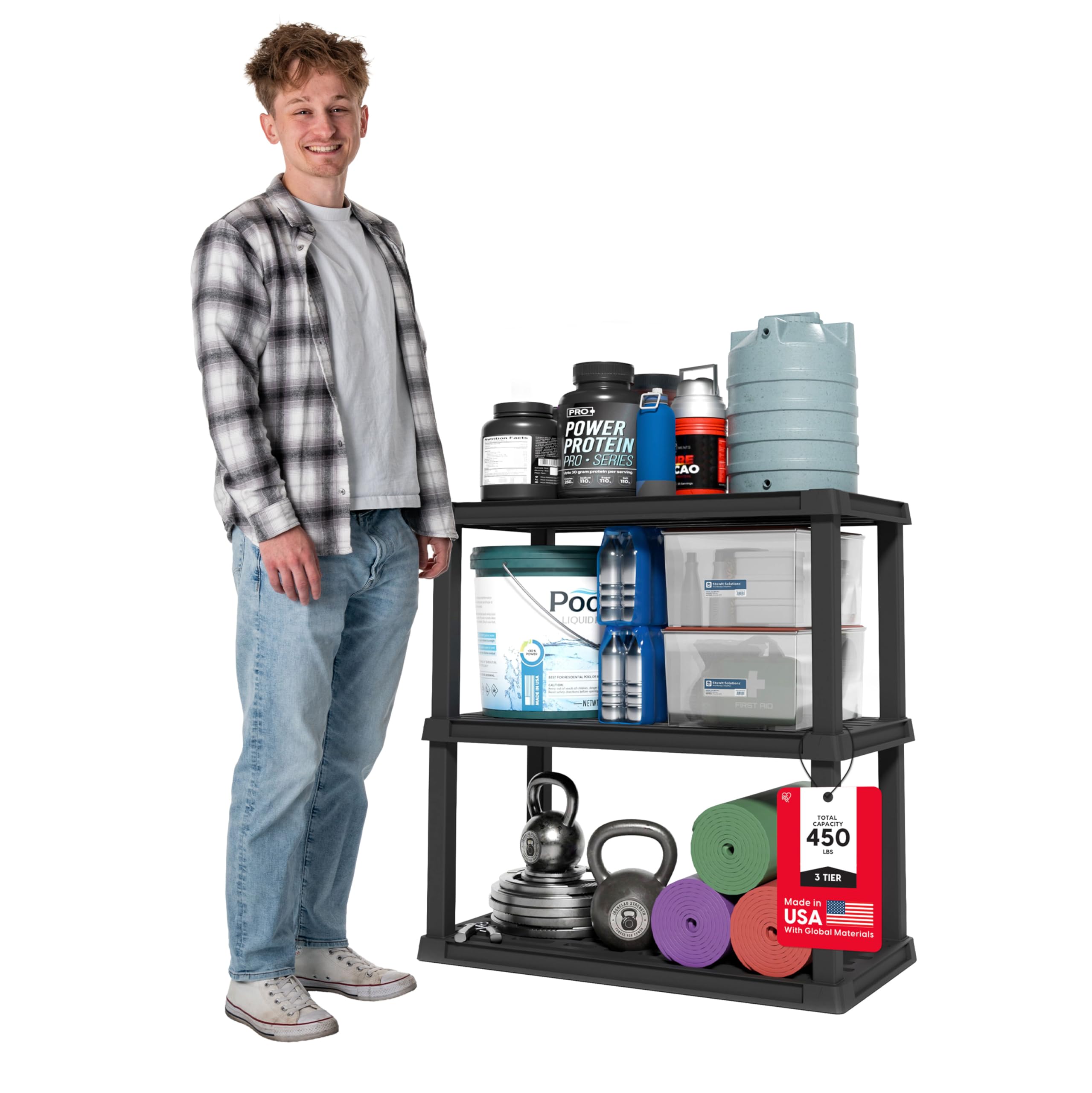 IRIS USA 3-shelf heavy-duty storage shelf with dimensions for organized garage storage.
