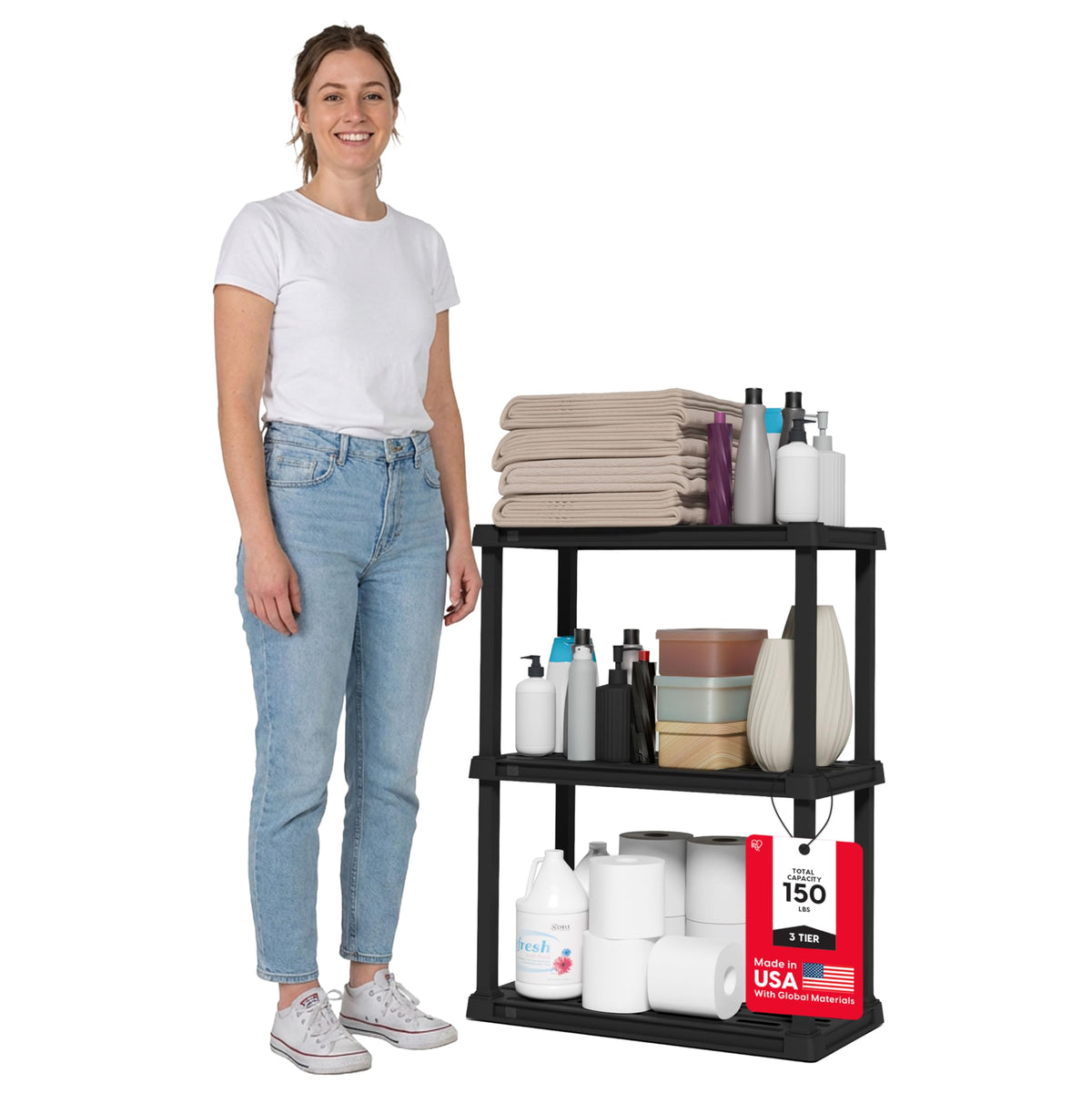IRIS USA 3-shelf unit front view, compact and sturdy for home organization.