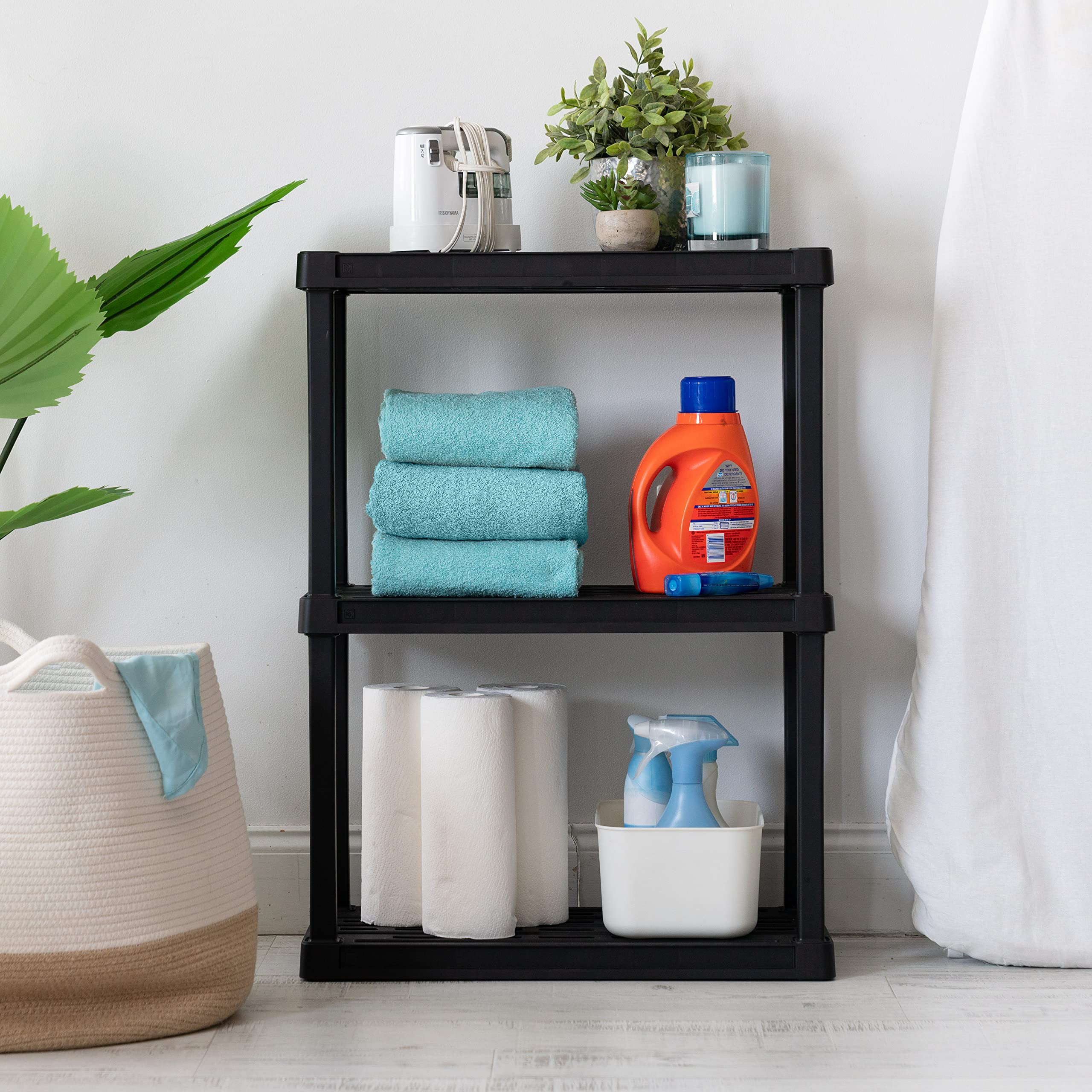 IRIS USA 3-shelf matte black finish blends with decor.