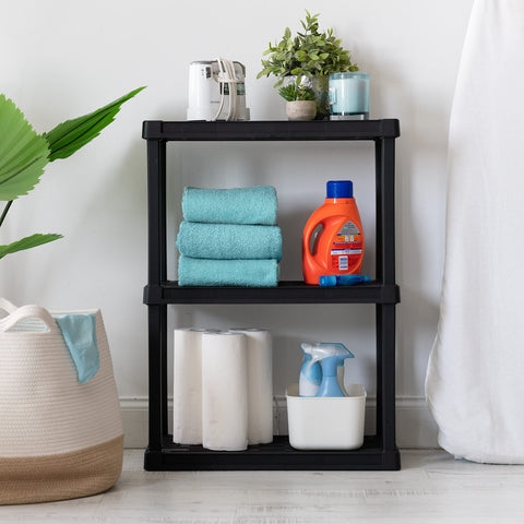 IRIS USA 3-shelf matte black finish blends with decor.