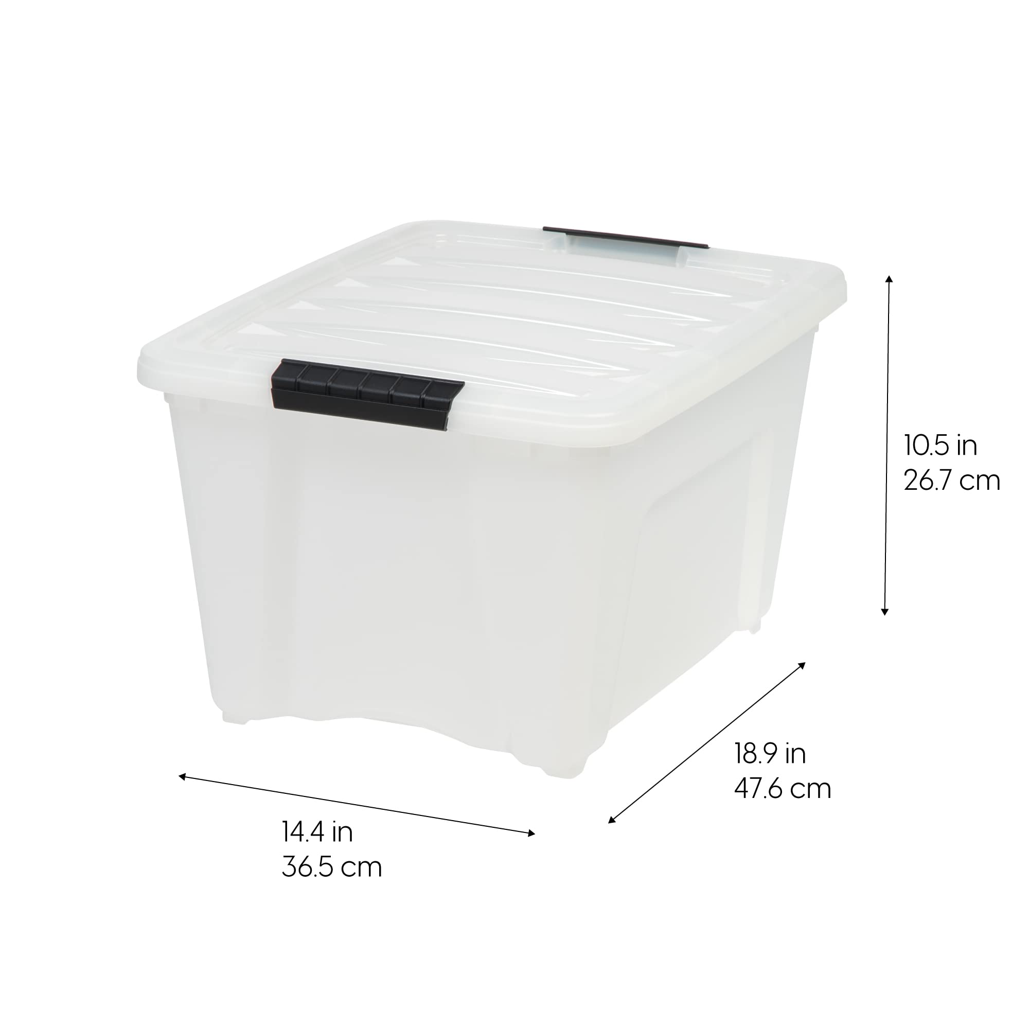 IRIS USA clear 32 Qt bin with lid offers quick content visibility.