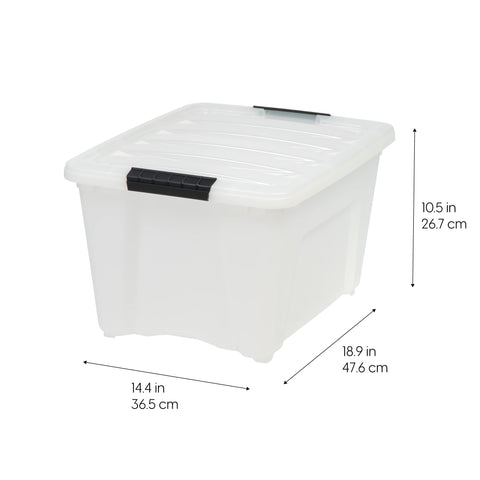 IRIS USA clear 32 Qt bin with lid offers quick content visibility.