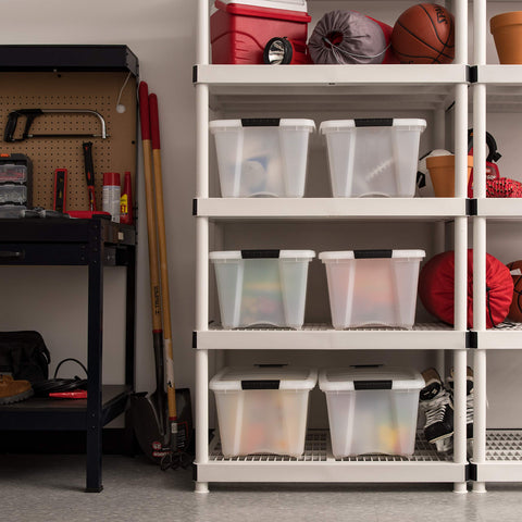 IRIS USA opaque pearl bin provides discreet storage while keeping spaces tidy.