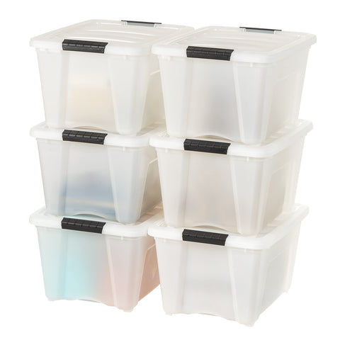 IRIS USA 32 Qt stackable storage bin with lid in Pearl for organized closets.