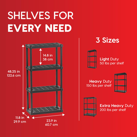 IRIS USA 4-shelf unit in garage for tool and supply organization.