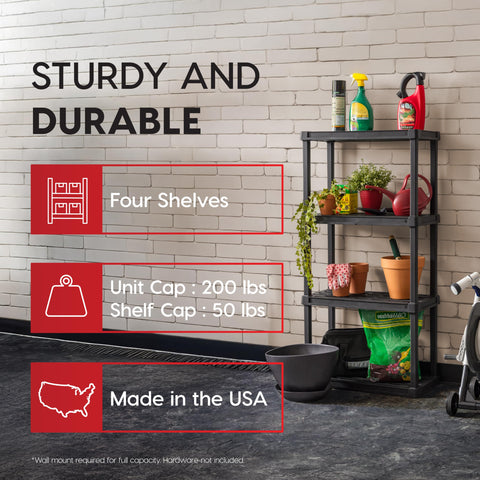 Close-up of IRIS USA shelf showing integrated leg design for stability.