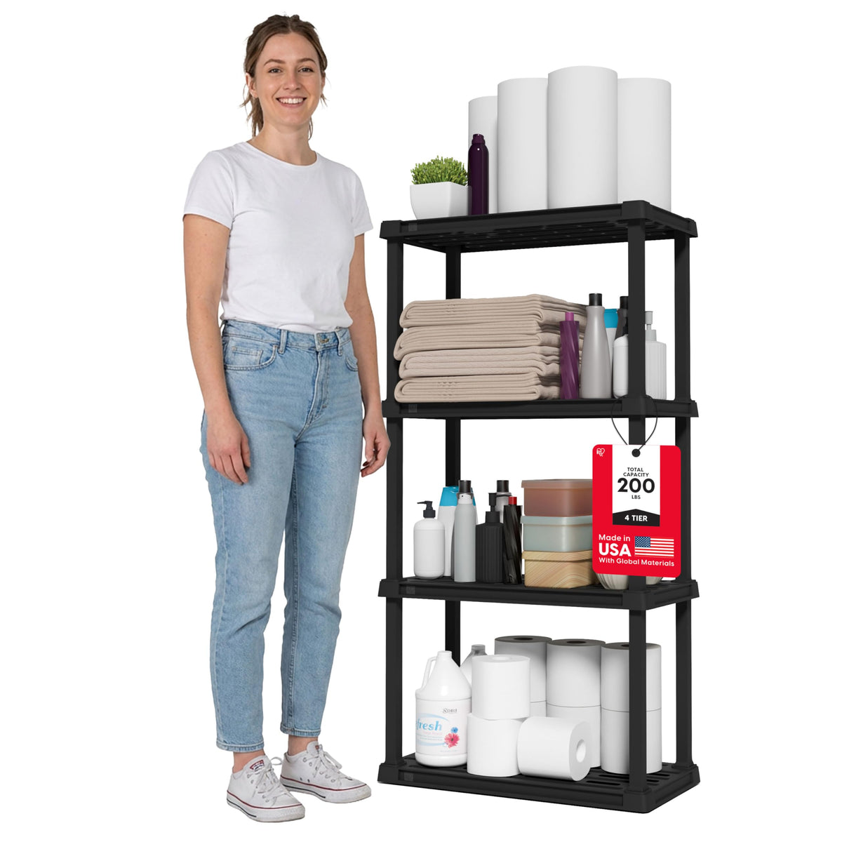 IRIS USA 4-shelf light-duty storage unit, assembled for easy setup.