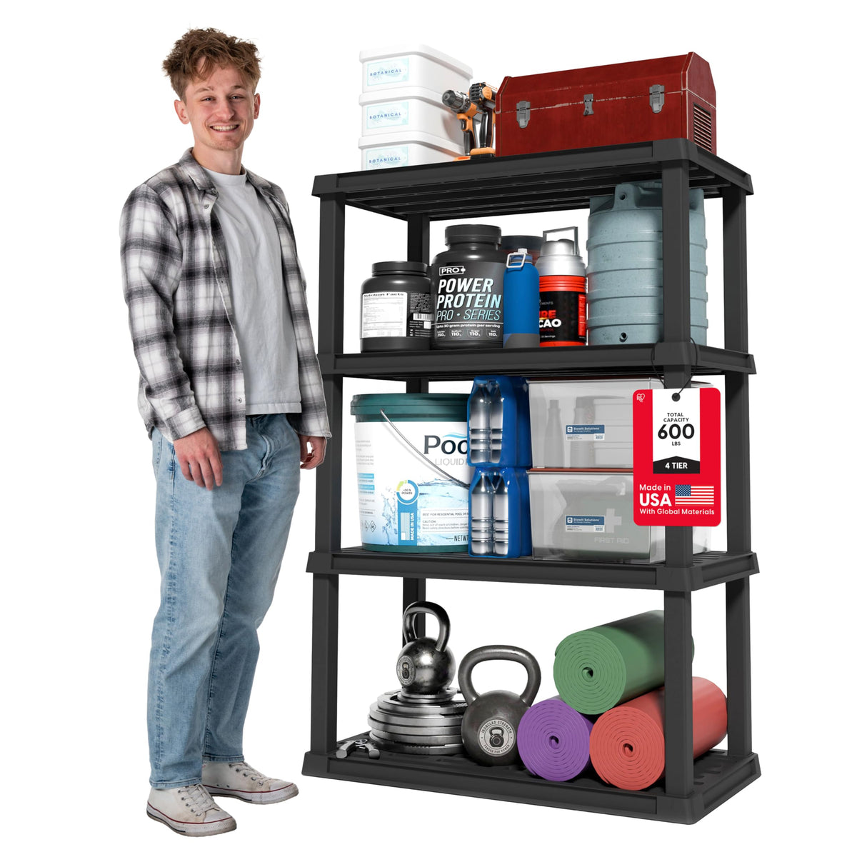 Iris USA 4-tier heavy-duty shelving unit full display in matte black for garage storage.