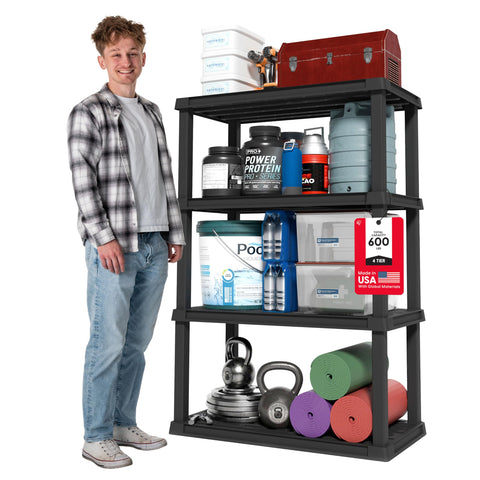 Iris USA 4-tier heavy-duty shelving unit full display in matte black for garage storage.