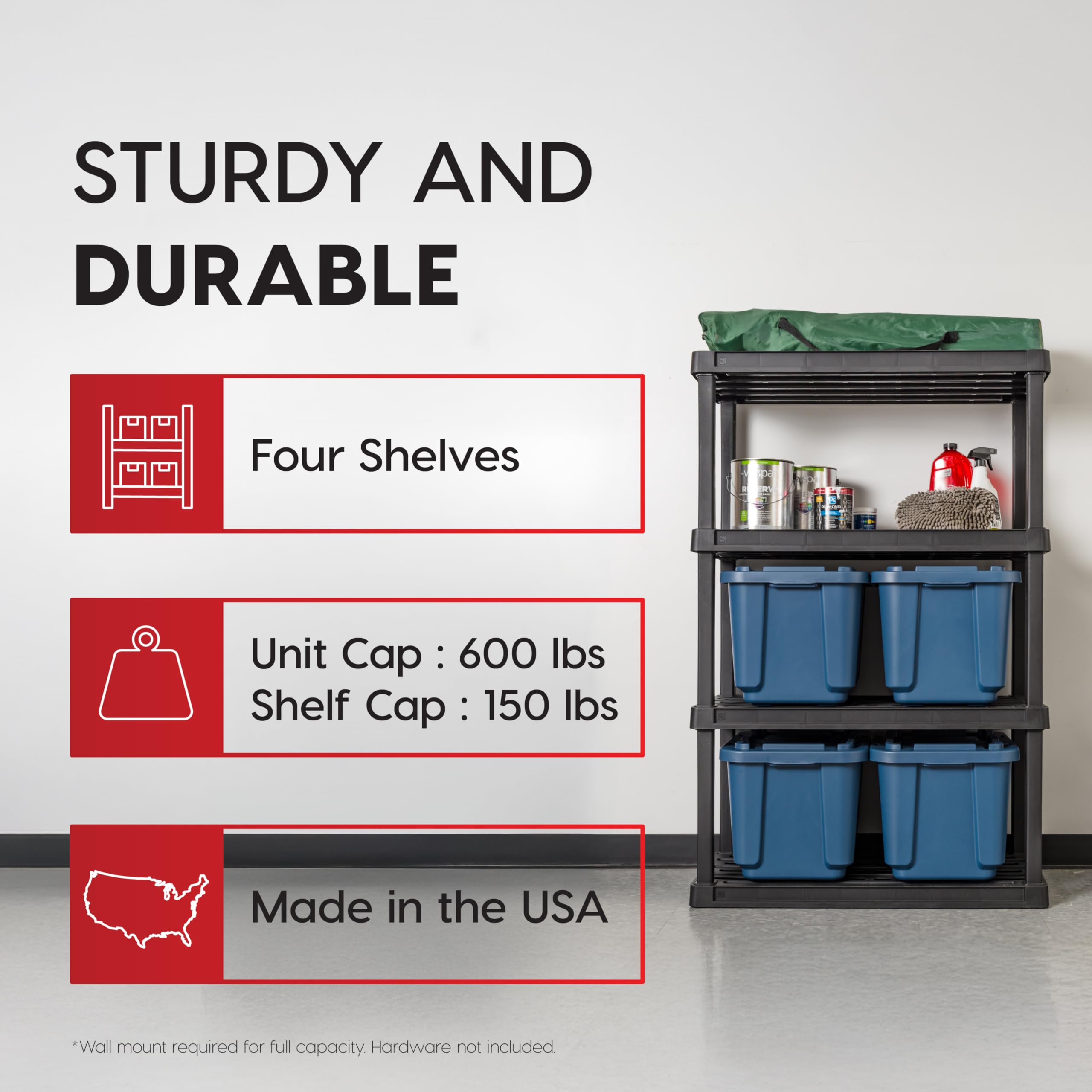 Iris USA 4-tier shelving unit 150lb capacity per shelf for heavy items.
