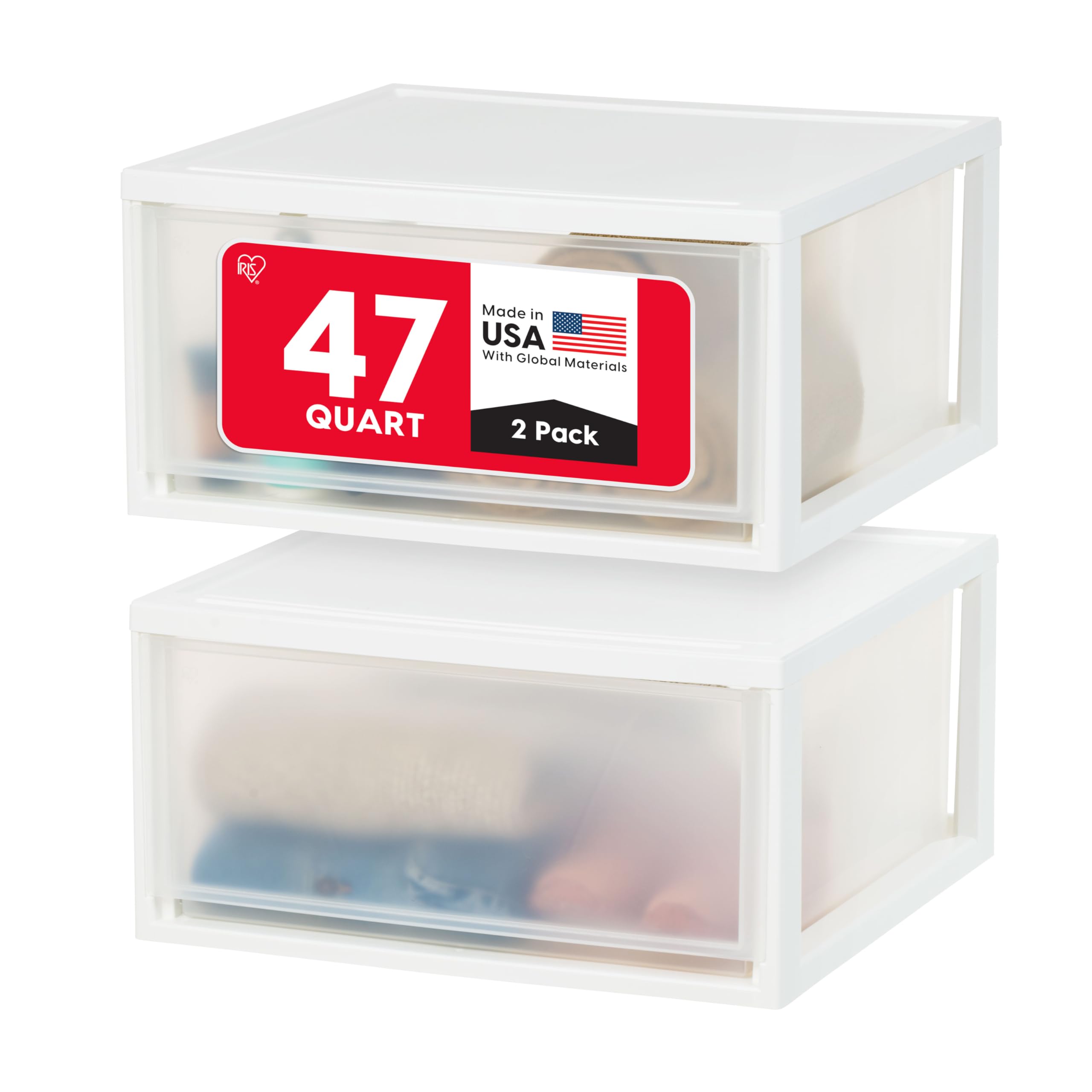 IRIS USA 47 Qt extra-large stackable drawer with clear doors for pantry organization.