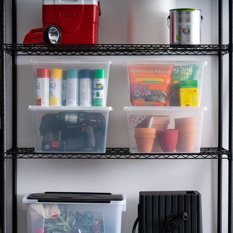 IRIS USA 4-pack 25qt clear, stackable bins with secure lids for shelf space.