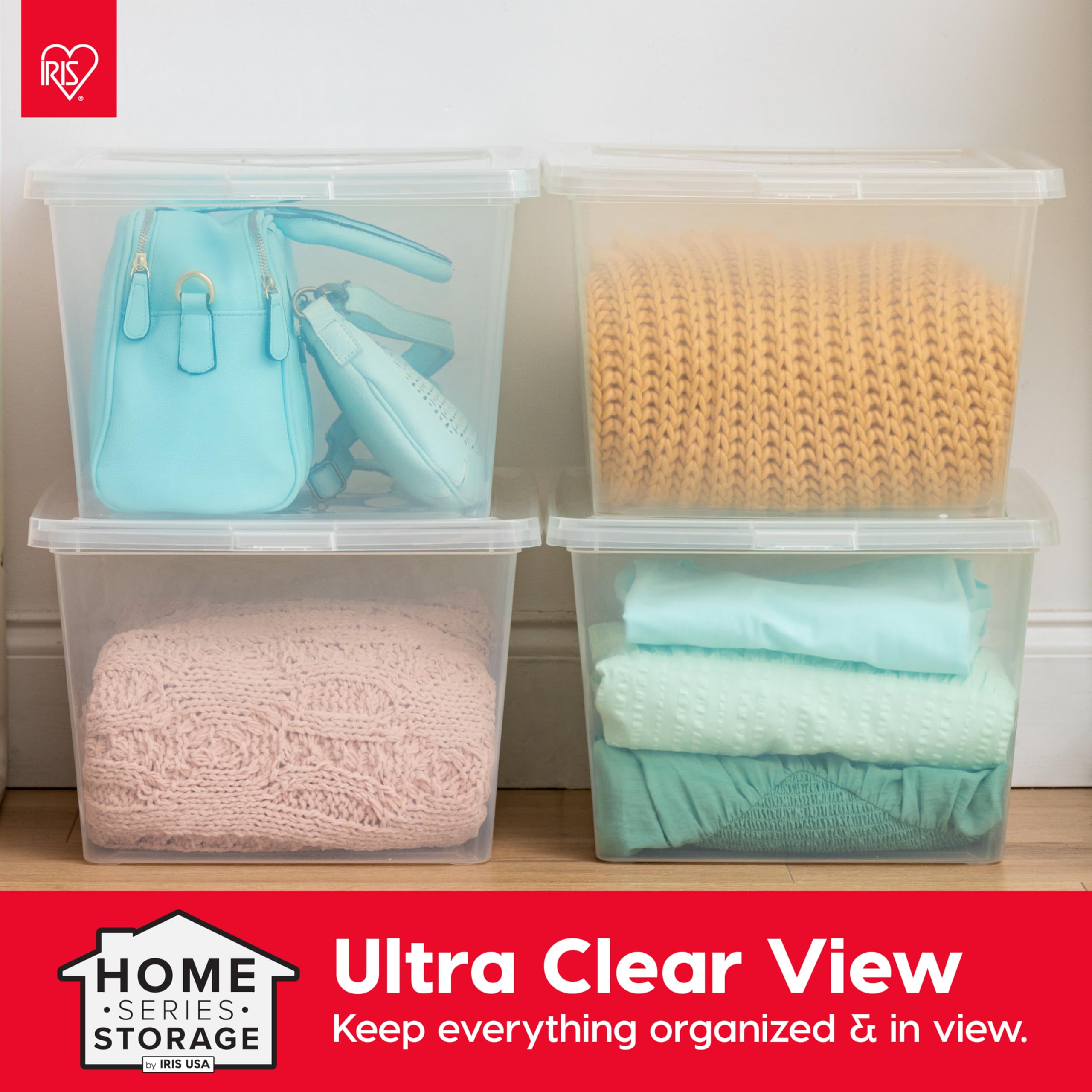IRIS USA durable bins for blankets and towels in bedrooms or linen closets.
