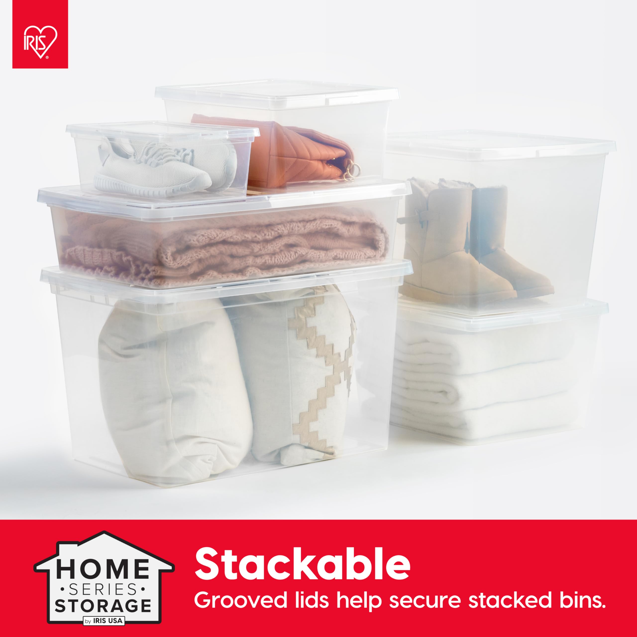 IRIS USA grooved lid keeps items secure when stacking on shelves.