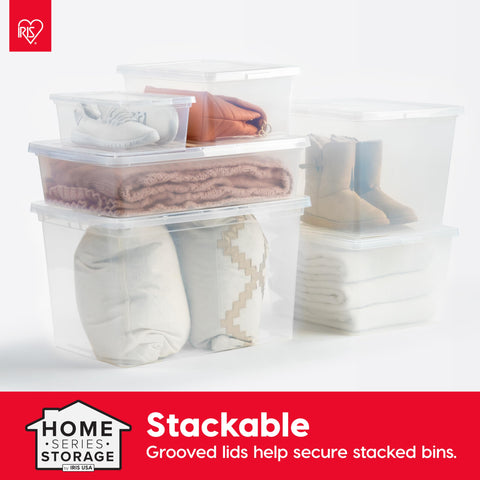 IRIS USA grooved lid keeps items secure when stacking on shelves.