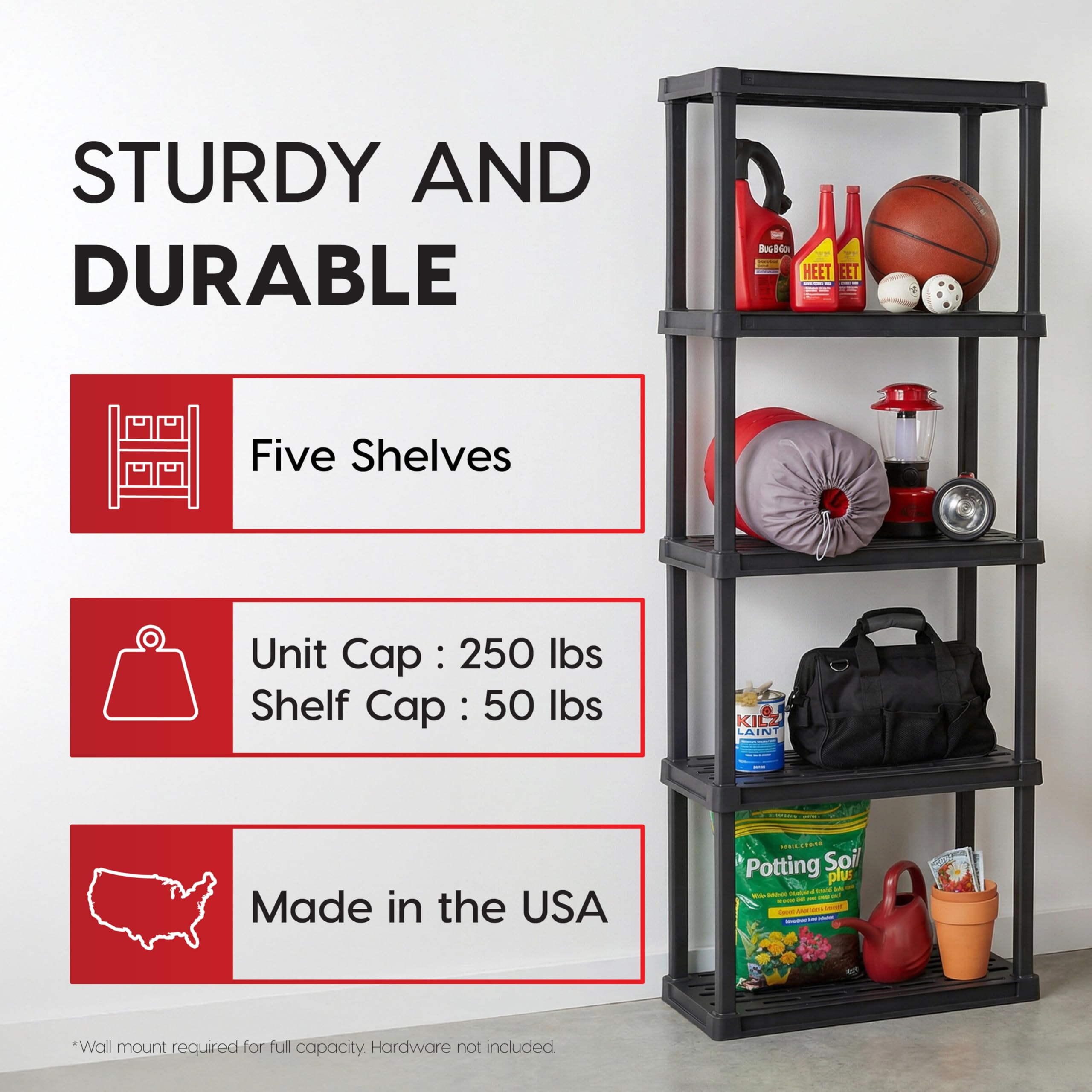IRIS USA 5-tier shelving shows dimensions: 63.6 inches tall, 11.8 inches wide.