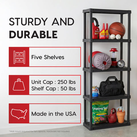 IRIS USA 5-tier shelving shows dimensions: 63.6 inches tall, 11.8 inches wide.