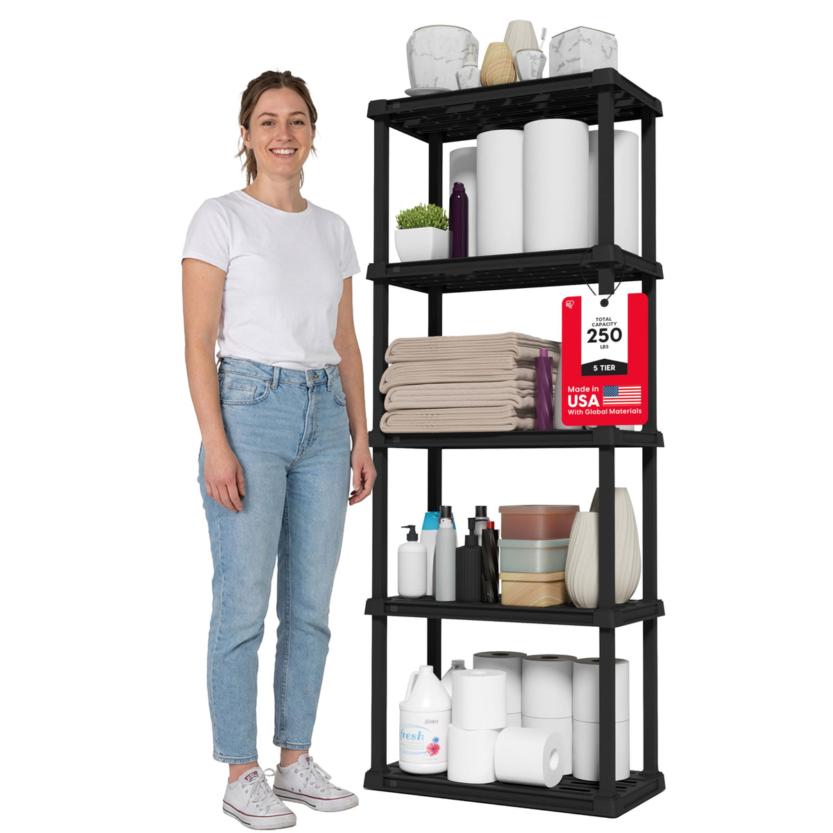 IRIS USA 5-tier shelving front view, sturdy storage for pantries and garages.