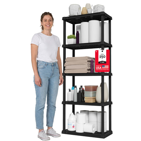 IRIS USA 5-tier shelving front view, sturdy storage for pantries and garages.