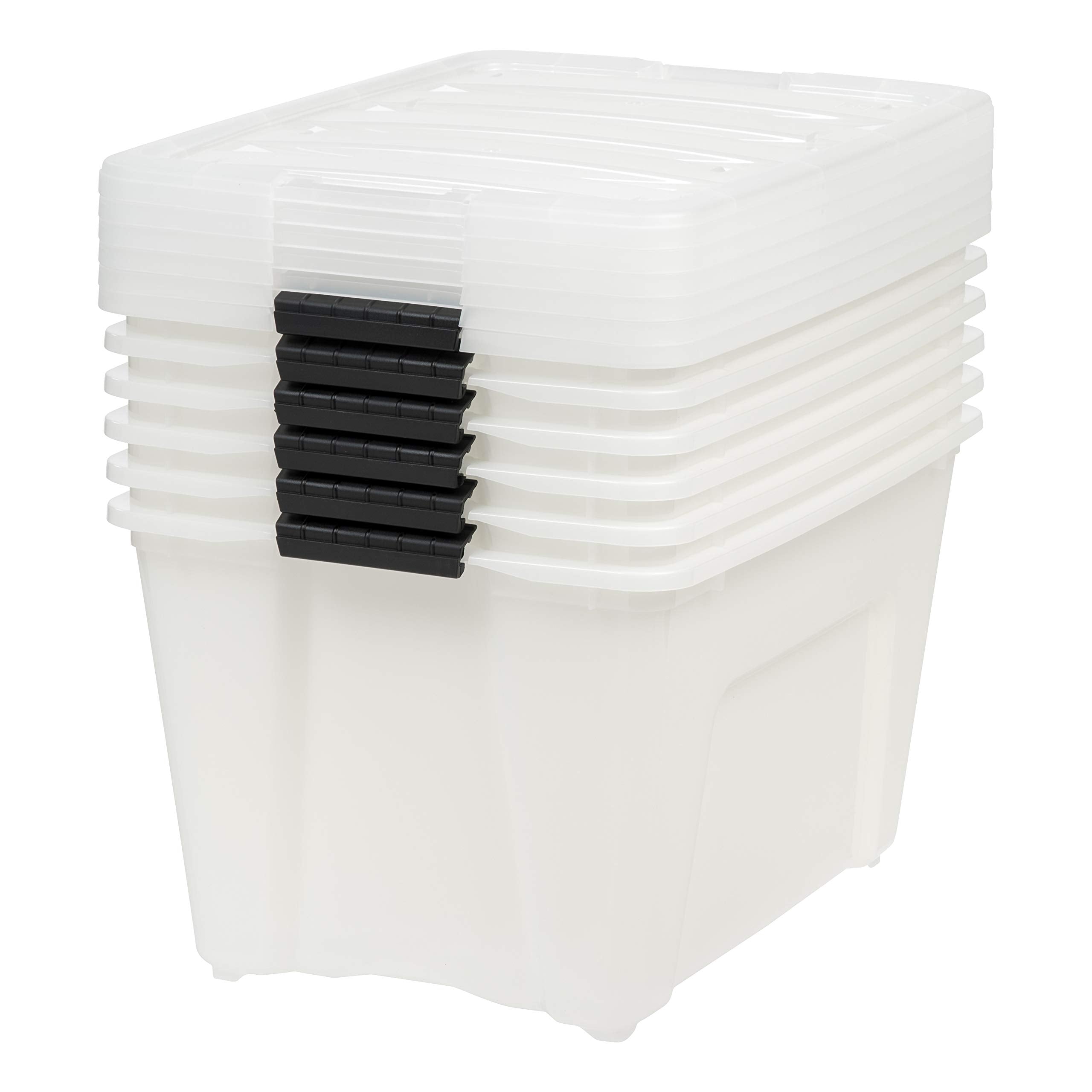 Iris USA 54qt bin with latching buckles ensuring secure stacking