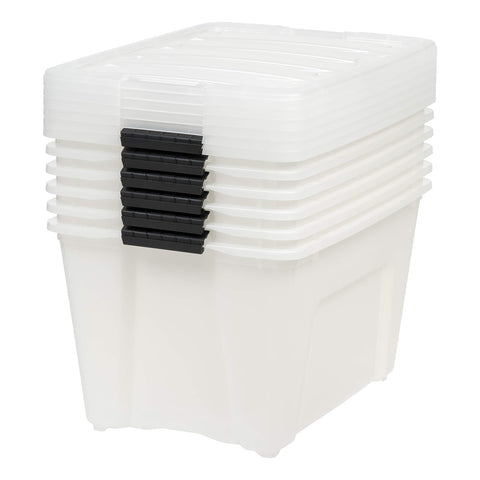 Iris USA 54qt bin with latching buckles ensuring secure stacking