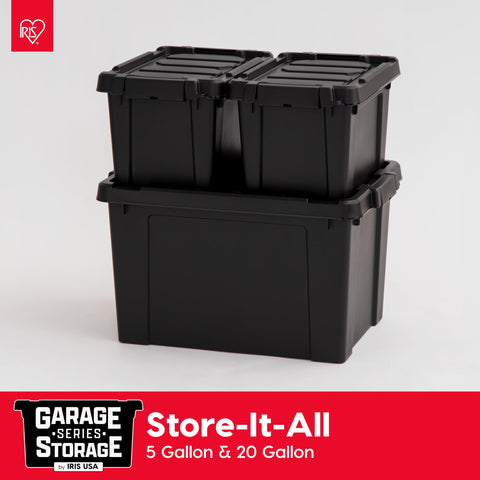 IRIS USA stackable storage bins with grooved lids maximize garage space.