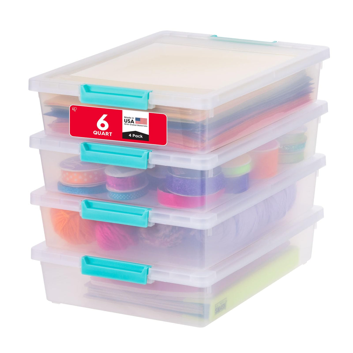 IRIS USA 6 Qt craft bin with lid in clear seafoam, stackable storage for easy organization.