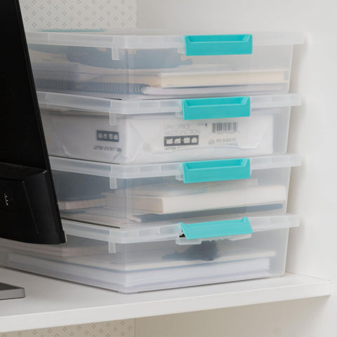 IRIS USA clear tote helps identify papers and art supplies quickly.