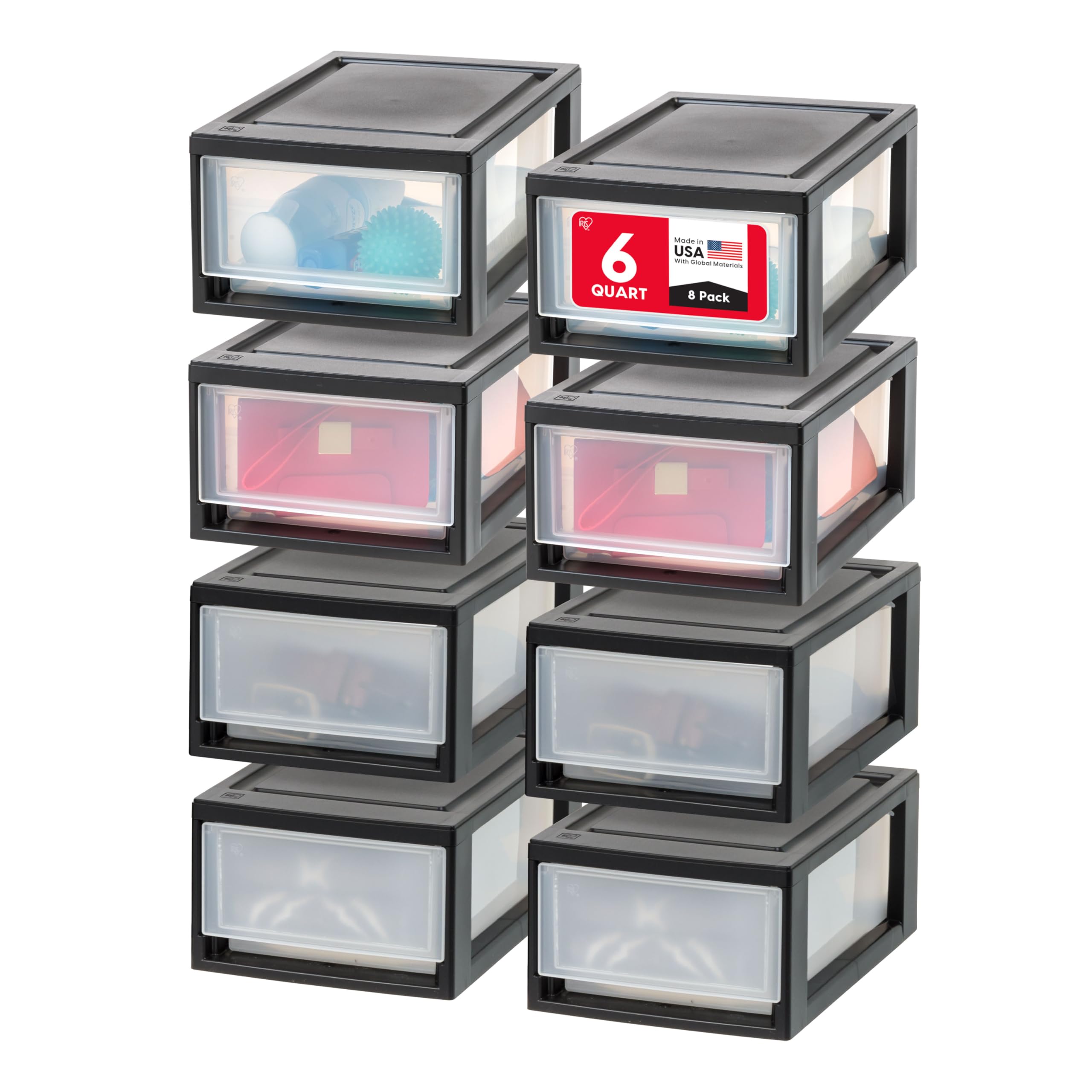 IRIS USA 6 Qt drawer stackable in black for tidy clothing storage.