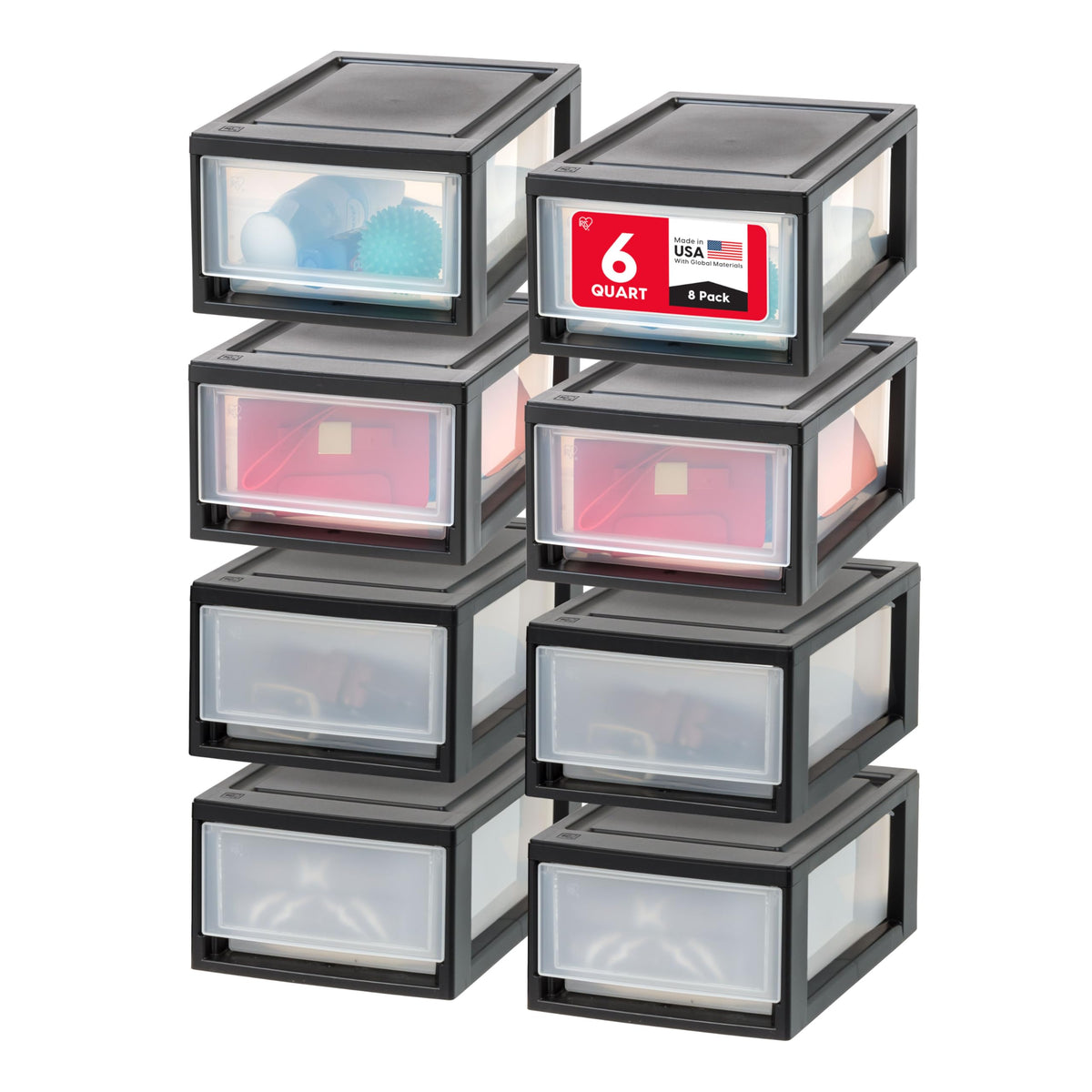 IRIS USA 6 Qt drawer stackable in black for tidy clothing storage.