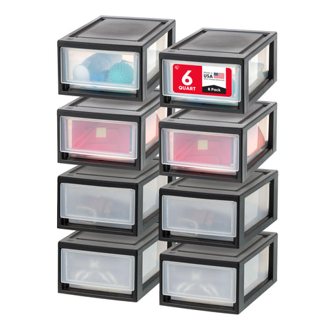 IRIS USA 6 Qt drawer stackable in black for tidy clothing storage.