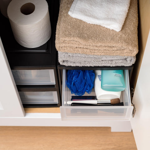 IRIS USA 6 Qt stacking drawer stack setup demonstrates modular storage