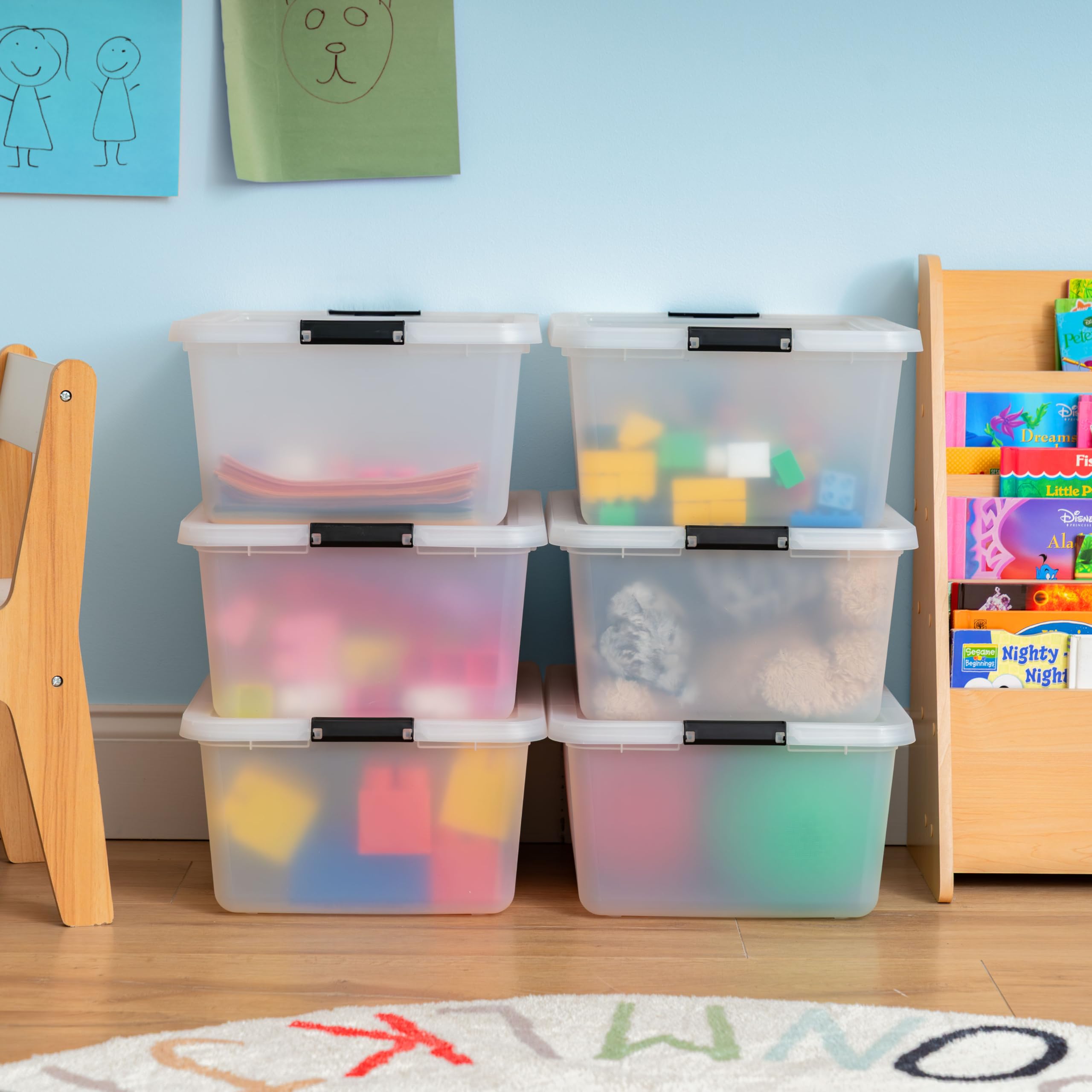IRIS USA clip box with stackable design maximizes shelving and organization.