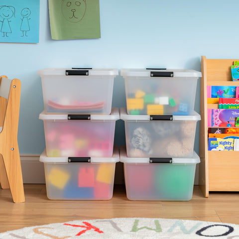 IRIS USA clip box with stackable design maximizes shelving and organization.