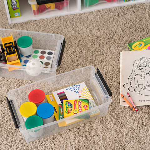 IRIS USA compact bin stack saving space on a shelf.