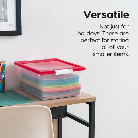 IRIS USA craft supplies bin keeps papers and tools organized for kids projects.