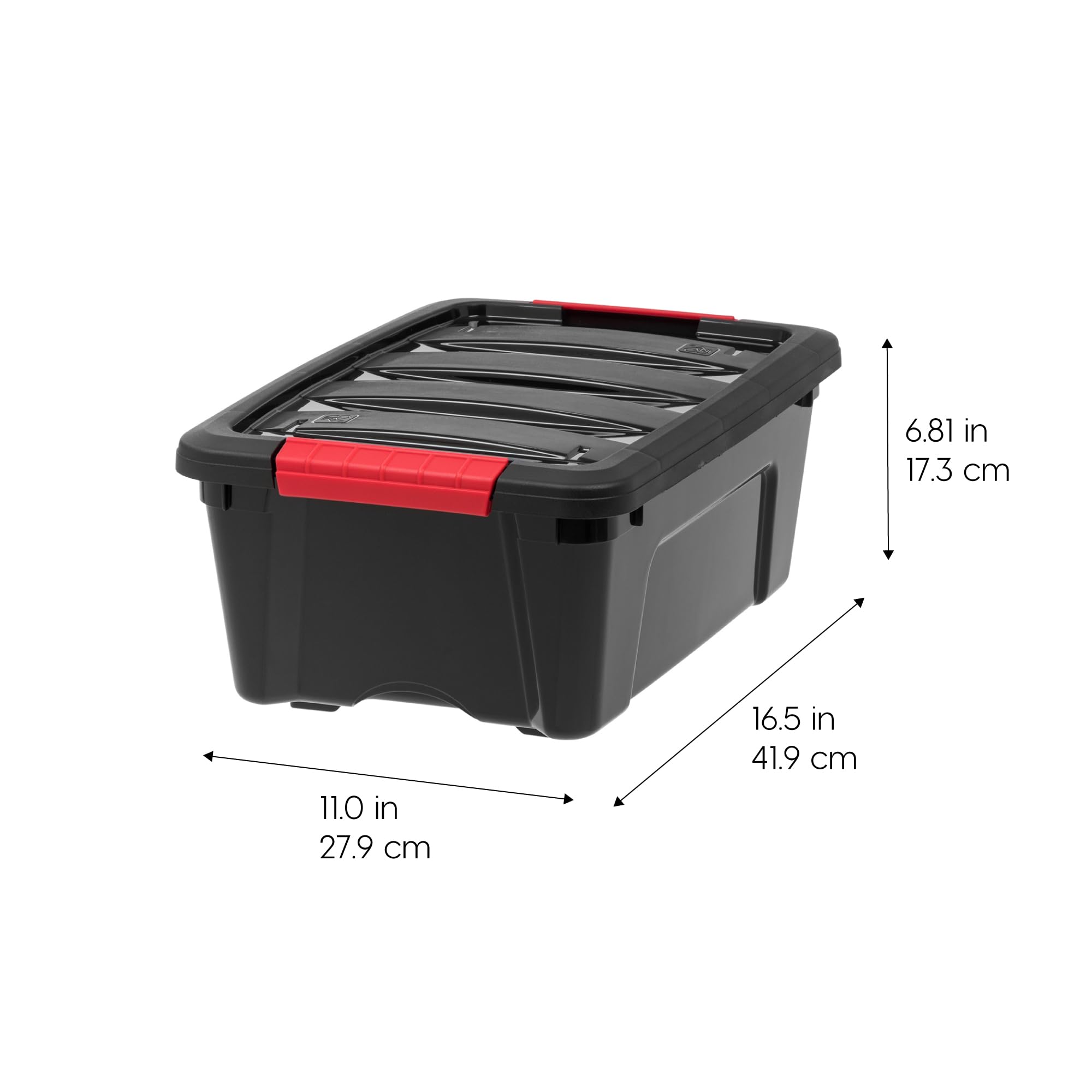 IRIS USA garage storage bin with built in handles for easy lifting.